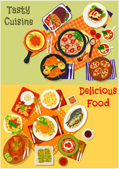 Italian, spanish and japanese cuisine dishes icon vector