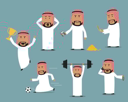 Saudi arabian businessman in different poses set vector