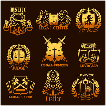 Advocacy lawyer vector gold icons of legal justice