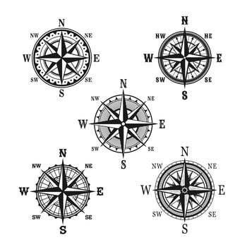 Vector icons of marine nautical navigation compass