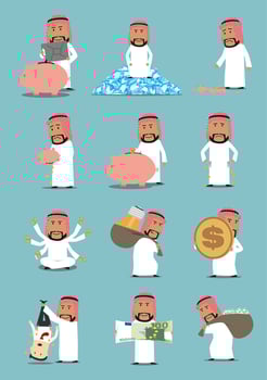Arab businessman with money cartoon character set vector