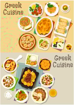 Greek cuisine tasty lunch dishes icon set vector