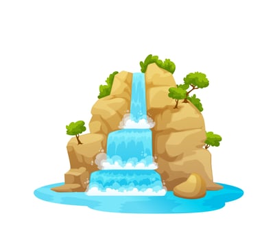 Mountain river waterfall, cartoon water cascade vector