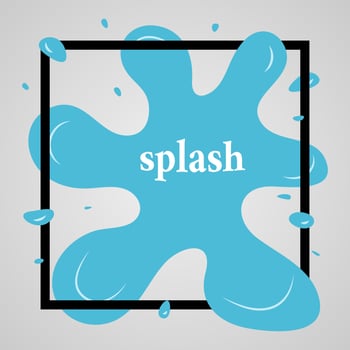 Big blue splash with lots of small splashes in black frame and inscription splash. Vector illustration