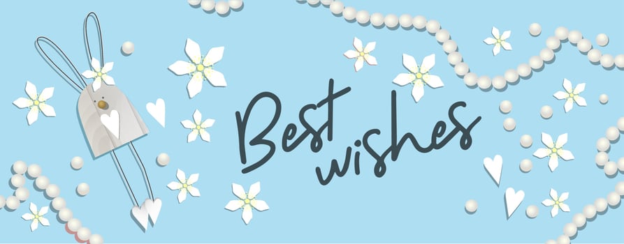 Happy Easter. Greeting card with rabbit. Wooden bunny. Easter poster, postcard, flyer. Lace and blue color. Cute vector illustration.