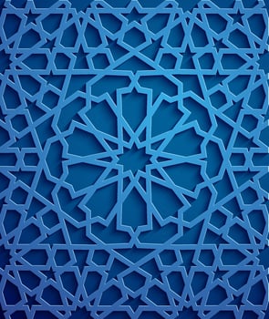 Islamic ornament vector , persian motiff . 3d ramadan islamic round pattern elements . Geometric circular ornamental arabic symbol vector . Blue background