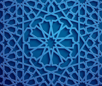Islamic ornament vector , persian motiff . 3d ramadan islamic round pattern elements . Geometric circular ornamental arabic symbol vector . Blue background
