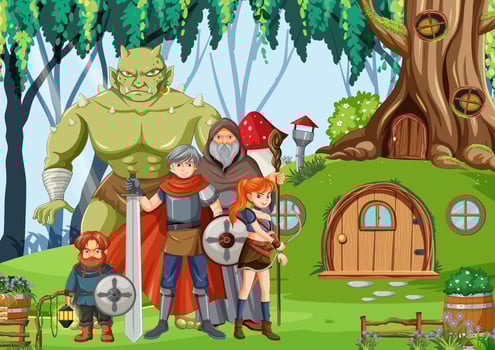 Enchanted scene with medieval cartoon characters vector