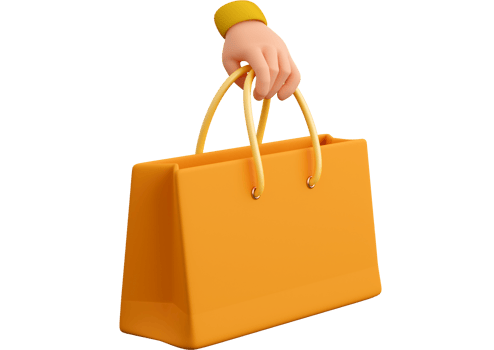 Realistic orange paper shopping bag with holding human hand. Concept of black friday or halloween and autumn sales, present or surprise. 3d high quality isolated render png