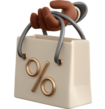 Realistic white paper shopping bag with percent symbol and holding human hand. Concept of Black Friday or Christmas and autumn sales, present or surprise. 3d high quality render png