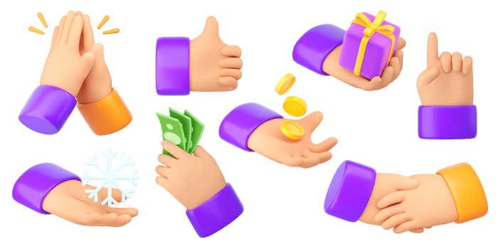 Human hands gestures set in plastic cartoon style png