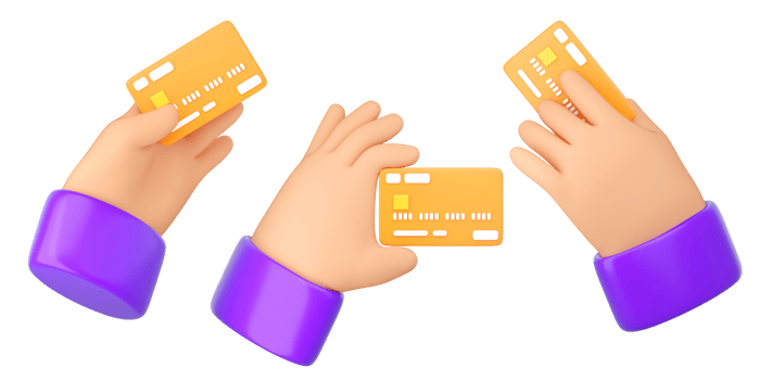 3d Human hands holding bank orange credit cards set. Online payment, mobile bankind, transaction and shopping concept. High quality isolated render png