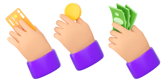 3d Human hands holding different kind of money. Banknote, coin and credit card. Online payment, mobile bankind, transaction, saving money and shopping concept. High quality isolated render png