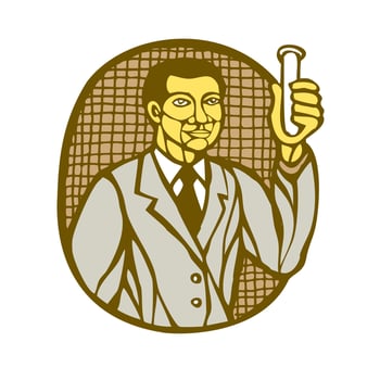 Asian Scientist Test Tube Woodcut Linocut vector