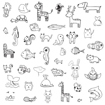 Animals doodle drawing from freehand vector set