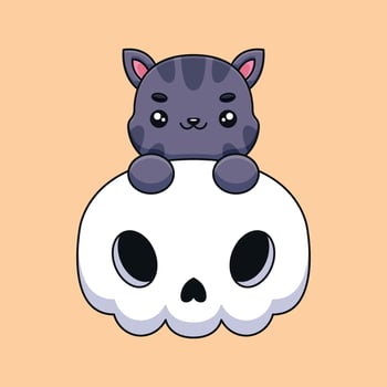 cute skull cat halloween cartoon mascot doodle art hand drawn concept vector kawaii icon illustration