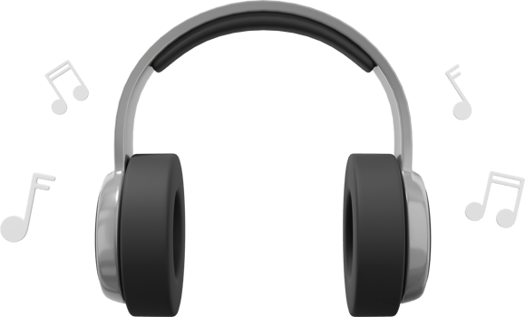 Wireless headphones and flying music notes front view. Gray PNG icon on a transparent background. 3D rendering.