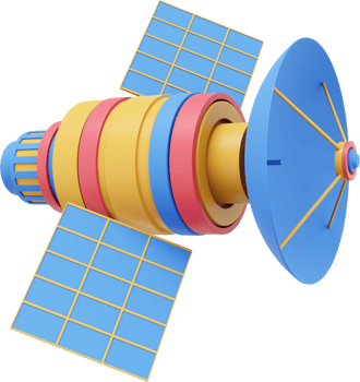Space satellite with an antenna. Orbital communication station intelligence, research. 3D rendering. Multicolored PNG icon on transparent background.