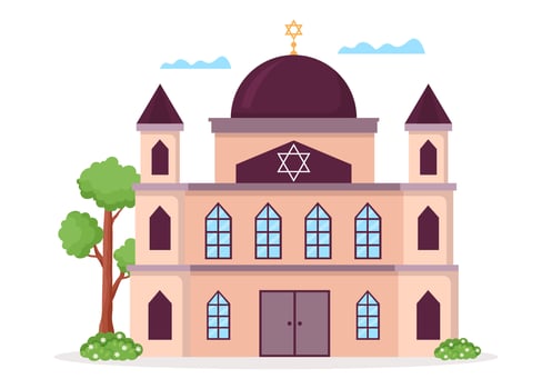 Synagogue Building or Jewish Temple with Religious, Hebrew or Judaism and Jew Worship Place in Template Hand Drawn Cartoon Flat Illustration vector