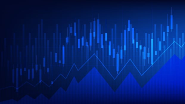 Financial business statistics with bar graph and candlestick chart show stock market price and effective earning on blue background vector