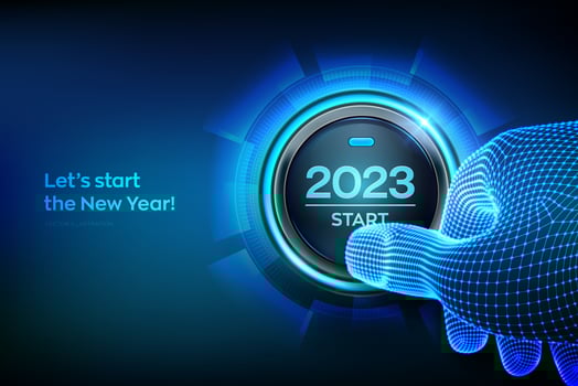 2023 start. Finger about to press a button with the text 2023 start. Happy new year. New Year two thousand and twenty one is coming concept. Vector illustration.