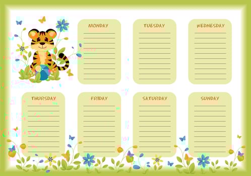 School weekly and daily planner with cute little tiger. vector
