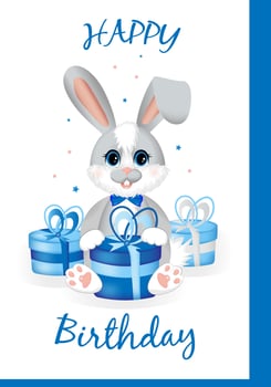 Happy Birthday. Cute little rabbit sitting with gifts. Greeting card for boy birthday, party. vector