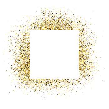 Greeting card with white square frame on golden glitter background. Empty white background. Vector illustration.