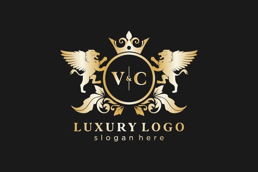 Initial VC Letter Lion Royal Luxury Logo template in vector art for Restaurant, Royalty, Boutique, Cafe, Hotel, Heraldic, Jewelry, Fashion and other vector illustration.