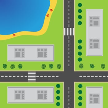Plan Of City. Top view of the city with the road, crossroad, high-rise buildings, trees, shrubs and the beach. vector