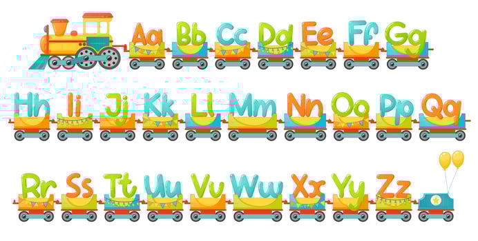 Train alphabet for kid in cartoon style. Capital letters only. Vector ABC letters for children education in school, preschool and kindergarten.