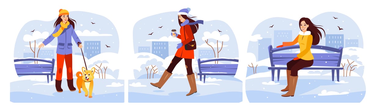 Winter Park. A set of young girls walking in the park in winter. The girl drinks coffee, walks the dog, sitting on a bench. Cartoon vector illustration