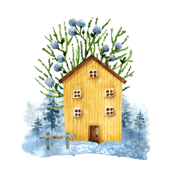 yellow wooden house in cartoon style on the background of winter forest nature, watercolor illustration. png