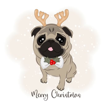 Cute Christmas dog pug vector illustration
