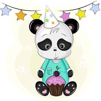 cute panda bear celebrates birthday with cupcake vector