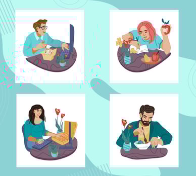 Set of people eating and working during lunch break. Dinner time in office or at home scenes. Healthy and unhealthy food and dieting, nutrition and meals concept. Flat vector illustration isolated.
