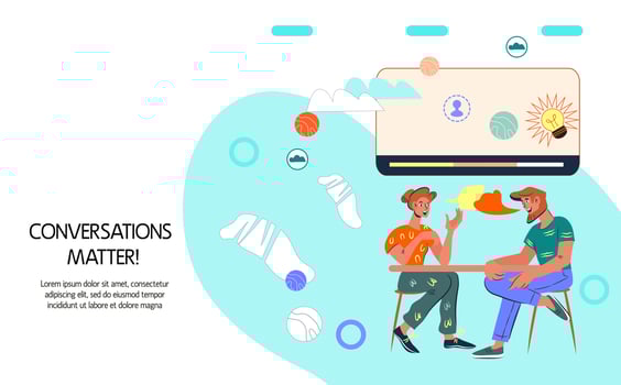 Business conversation, interview or meeting banner template with people having a conversation. Communication in business and exchange of opinions. Flat vector illustration.