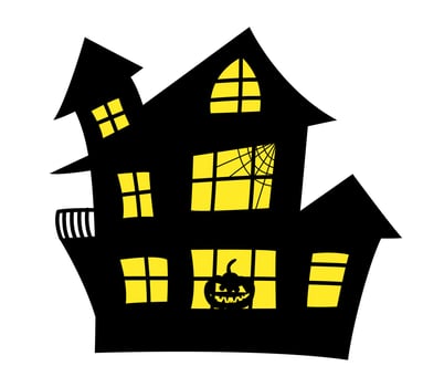 Vector Haunted House glyph illustration for Halloween. Black groovy Halloween house with yellowe light in the windows.