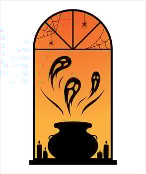Halloween window. Three ghosts fly out of the magic cauldron. The spiders are crawling down. Vector, flat style. vector