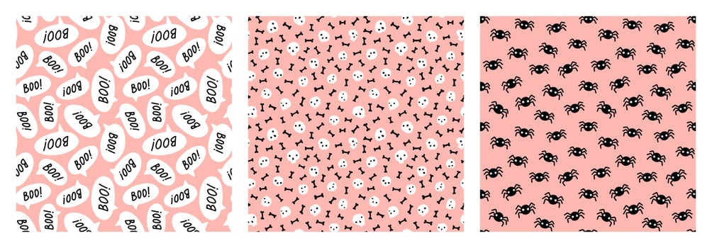 Pastel Halloween pattern set with black and white skulls, bones, spiders and speech bubbles on pink background. vector