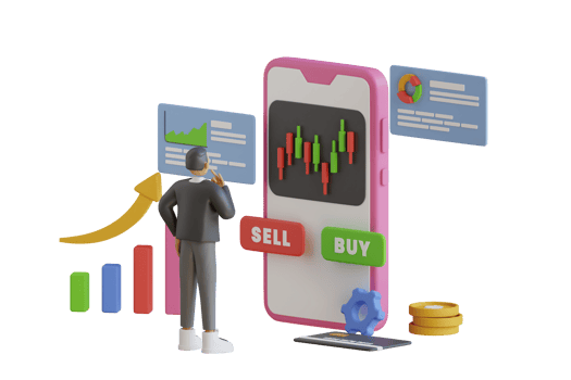 3d Businessman buying or selling shares, investing in stock market from mobile phone. candlestick chart of stock sale and buy using mobile phones, market investment trading. 3d rendering png
