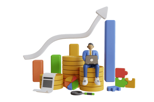 3d business investment company income analyst data. 3d Businessman with growing chart. earning rising up graph profit increase concept. Business sales, investment, wealth or earning rising up png