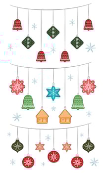 Garland with Christmas tree toys. Ornament for the design of cards, flyers, invitations. Winter holiday decorations. Xmas glass toys isolated on white background. vector