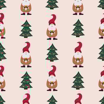 Christmas and New Year pattern with funny gnomes and gifts. Nordic, scandinavian Christmas. Suitable for greeting cards, holiday prints, invitations, wrapping paper, scrapbooking, wall paper, textile. vector