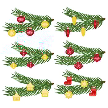 New Years and xmas traditional symbol tree with garlands, light bulb, star. Christmas tree branches with decorations. Suitable for postcards, web design, invitations, printing on flyers, tags. vector