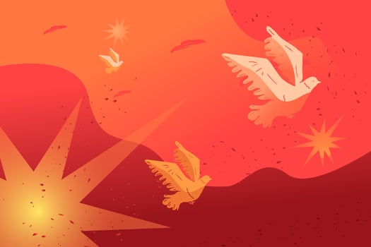 Flying singed pigeons against a background of red sky and explosions, a metaphor for ptsd among civilians after the war. vector
