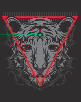 Vector artwork illustration of a very fierce white tiger head, plus a red inverted triangle symbol