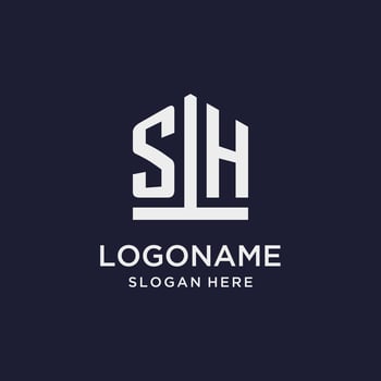 SH initial monogram logo design with pentagon shape style vector