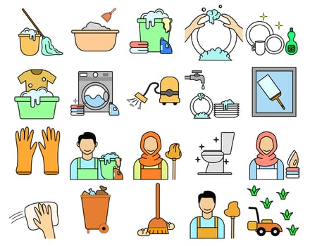 Housekeeping activity icons set. Collection of flat icons such as dish cleaning, floor mopping, cleaning window, vacuum cleaning, clean toilet and others vector