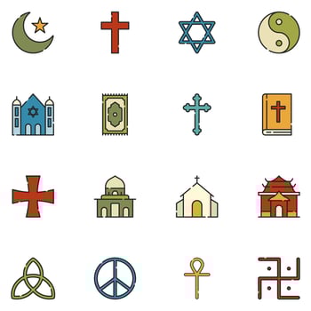 Religion Filled Line Icon Set Vector